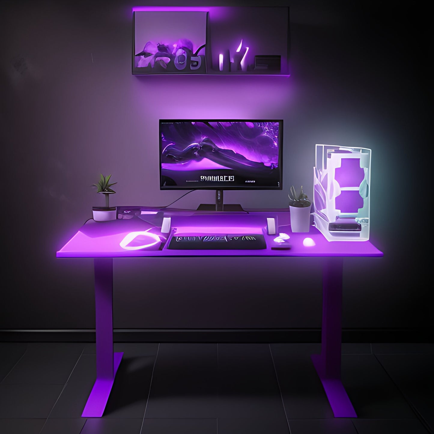 Ai image of a gaming set-up with a purple LED glow.