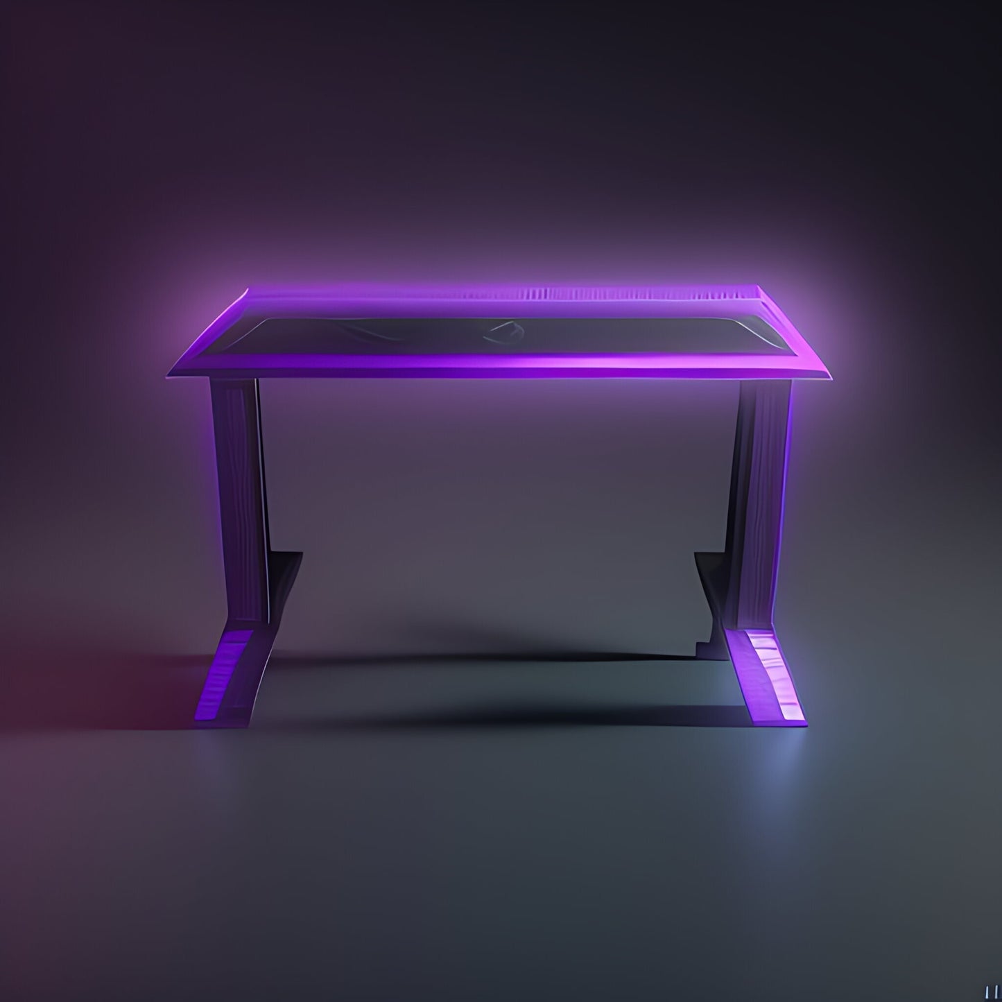 Ai image of a black desk with a purple LED glow.
