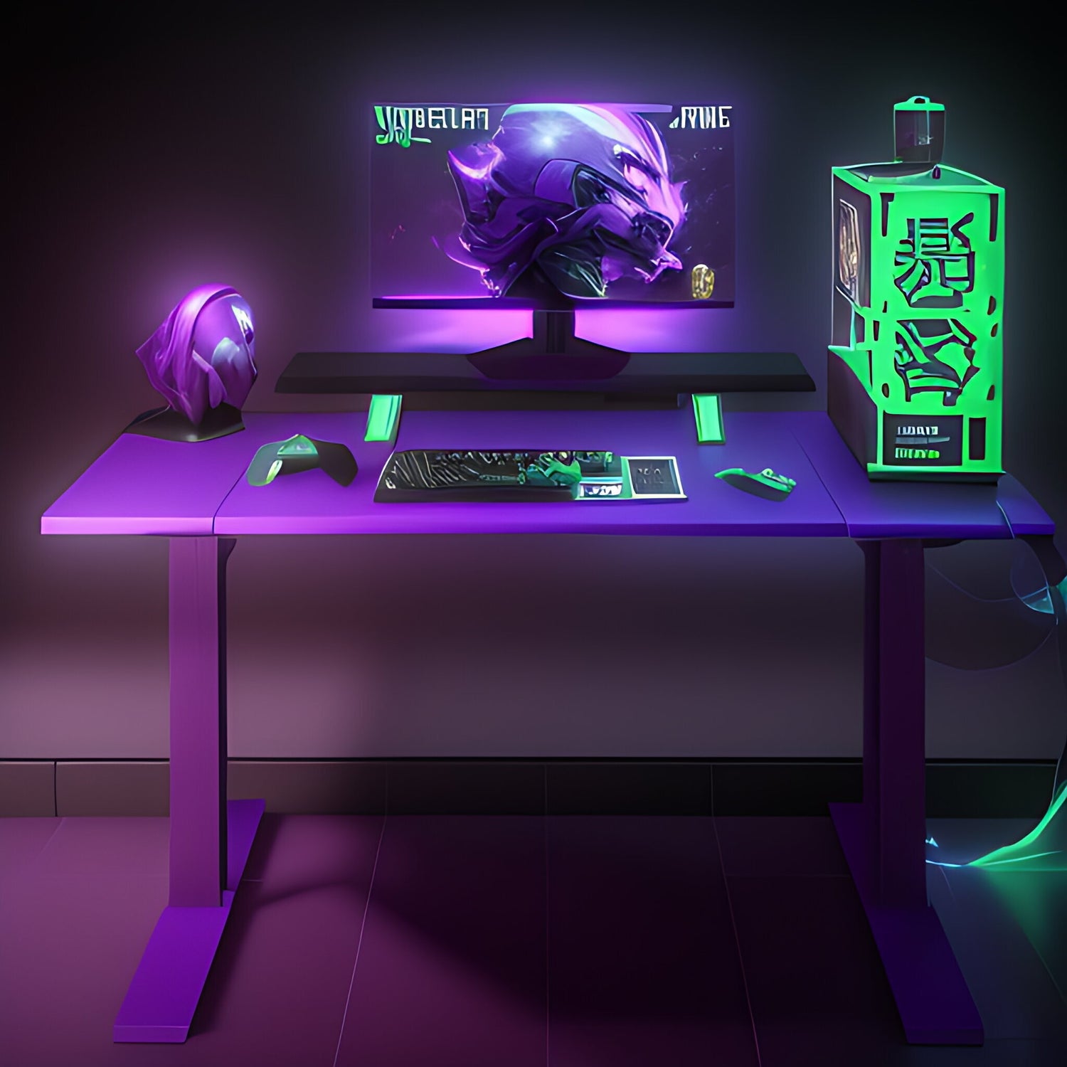 Ai image of a gaming setup with purple and green LED glow.