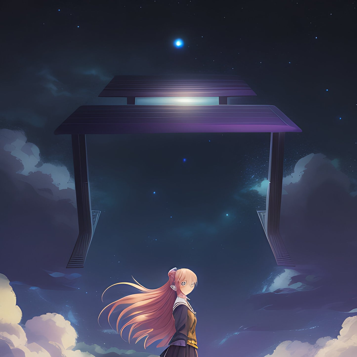 Ai image of a black desk with a gaming princess in the night sky.